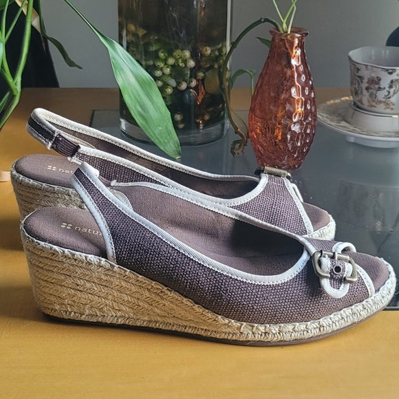 Naturalizer Sherene Brown and Cream Sling back Jute Wedge with buckle - Picture 4 of 9